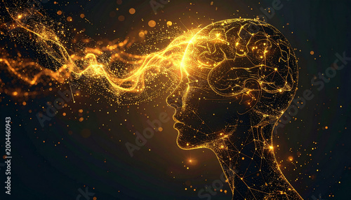 Golden abstract silhouette human head profile glowing brain neural network energy flow dark background conceptual futuristic imagination inspiration creativity digital art