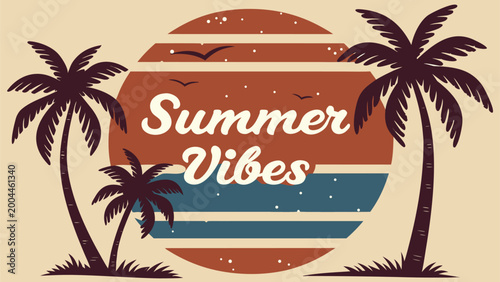 Vintage summer vibes graphic with palm trees and sunset