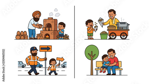 Community Interactions: A vibrant illustration depicts various communal interactions, encompassing everyday scenarios of human engagement, kindness, and societal bonding.