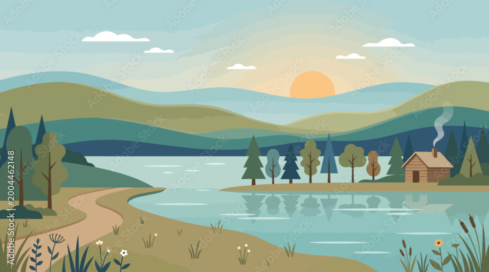Naklejka premium Flat vector illustration of a peaceful rural landscape with hills river and a small house at sunset