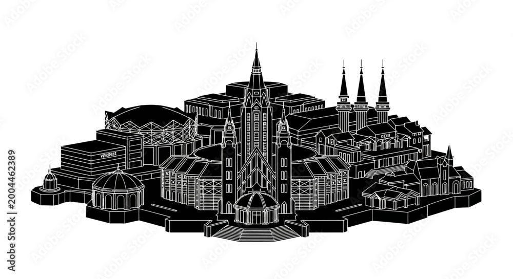 Fototapeta premium Black and white silhouette of a grand palace complex on a white background