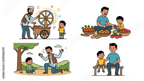 Father and Son Daily Life: Four heartwarming illustrations depict a father and son engaged in various everyday activities, from street food to farming and simple conversations, showcasing their bond.