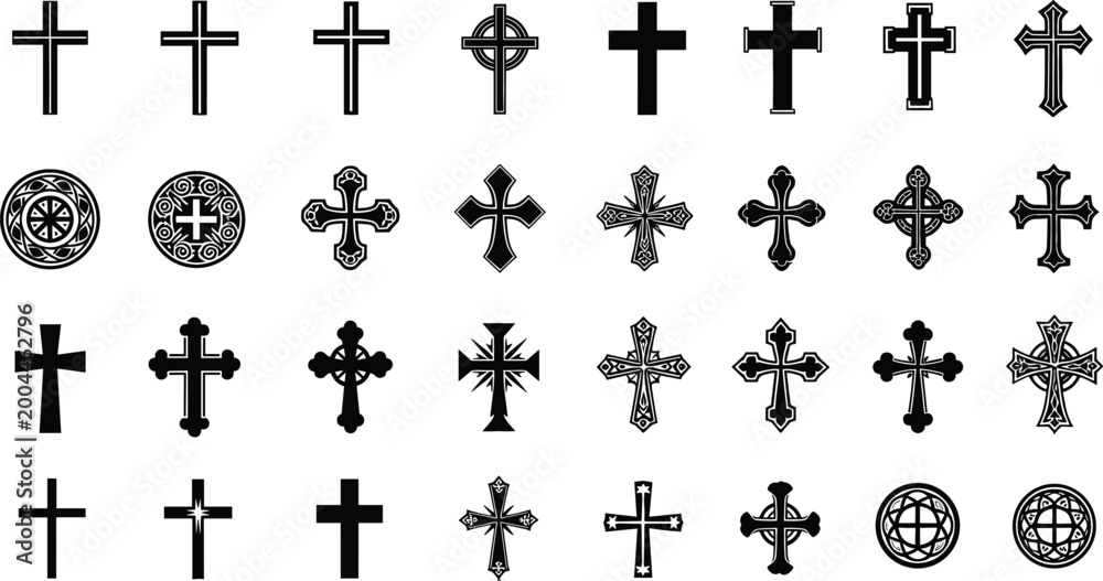Fototapeta premium Collection of different cross symbols in black silhouette style, religious Christian icon set with ornate and simple designs vector illustration isolated background