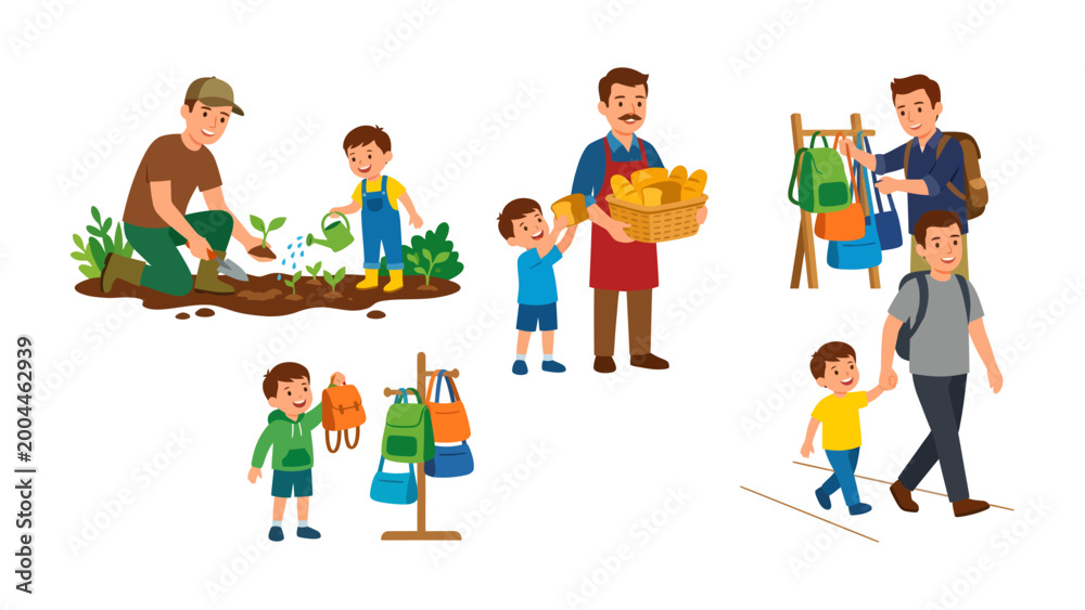 Fototapeta premium Everyday Moments with Dad: A heart-warming illustration series captures the simple, yet profound, moments of a father's presence and influence in his child's life.