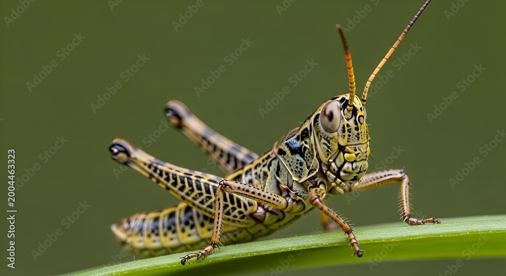 Fototapeta premium Close-up of a Grasshopper on a Green Leaf, Macro Insect Photography
