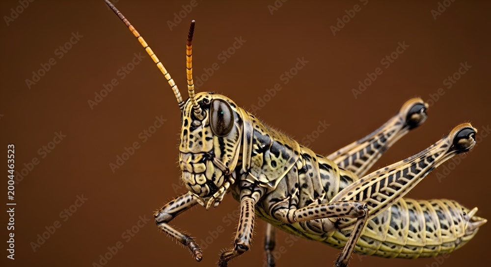 Fototapeta premium Detailed Macro Shot of a Grasshopper with Intricate Patterns on a Brown Background