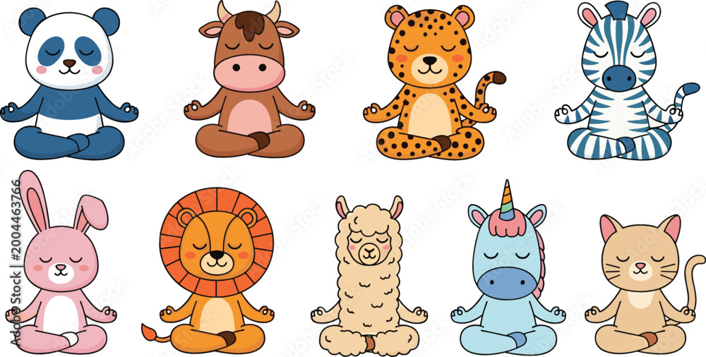 Obraz premium Cute animals meditating in yoga lotus pose, cartoon vector illustration set with panda cow leopard zebra rabbit lion alpaca unicorn and cat