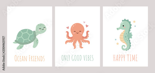 A set of posters featuring cute sea creatures for a child's room. A turtle, a seahorse, and an octopus.
