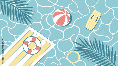 Colorful beach towels and summer toys on pool tiles background