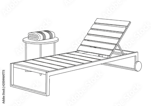 Perspective View of Modern Poolside Sun Lounger with Side Table and Towel Minimalist Wireframe Outline Isolated on Black for Architectural Illustration