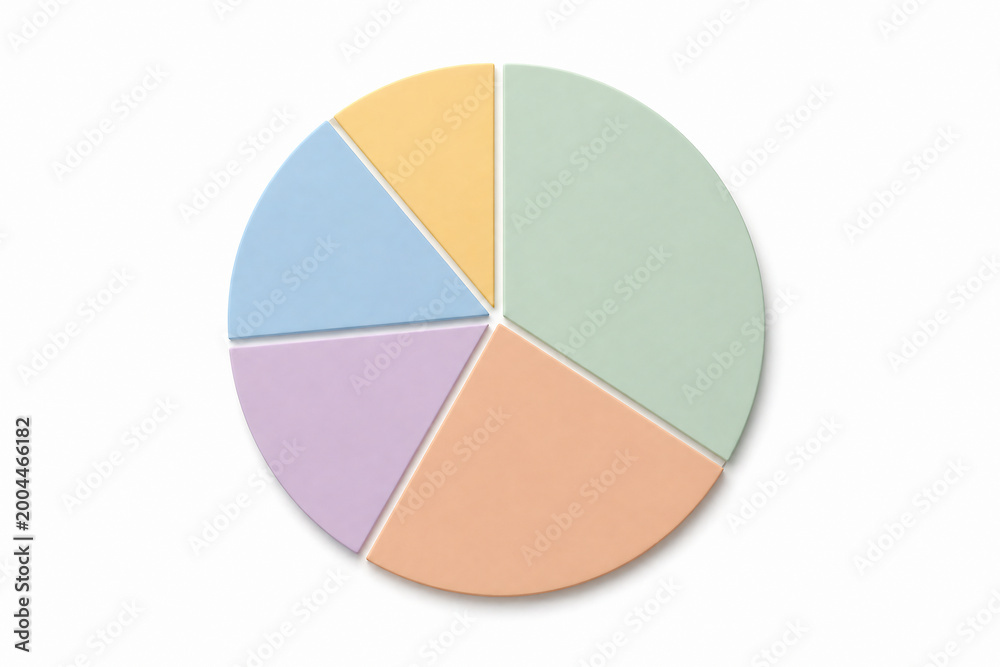 Fototapeta premium A pie chart displaying a breakdown of data with four segments in shades of blue, green, peach and lavender.