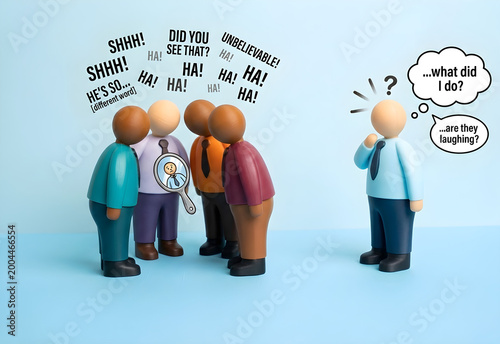 Cartoon figures with speech bubbles whisper and laugh while one isolated character wonders. Conceptual social image symbolizes gossip, exclusion, bullying, loneliness, and group dynamics.
