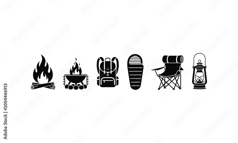 Fototapeta premium Campfire and camping equipment vector silhouette for outdoor leisure and recreation.