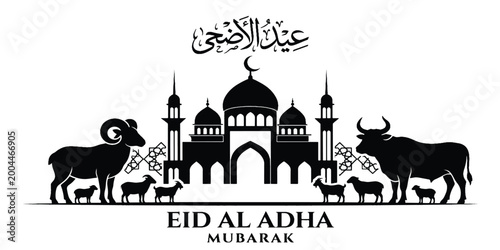 Tablou pe pânză Beautiful white and black Mosque Eid al Adha Mubarak Illustration on White Backg