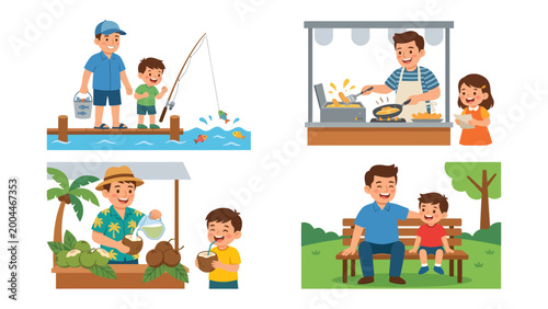 Cartoon vector illustration of children playing with toys and people working in an office environment