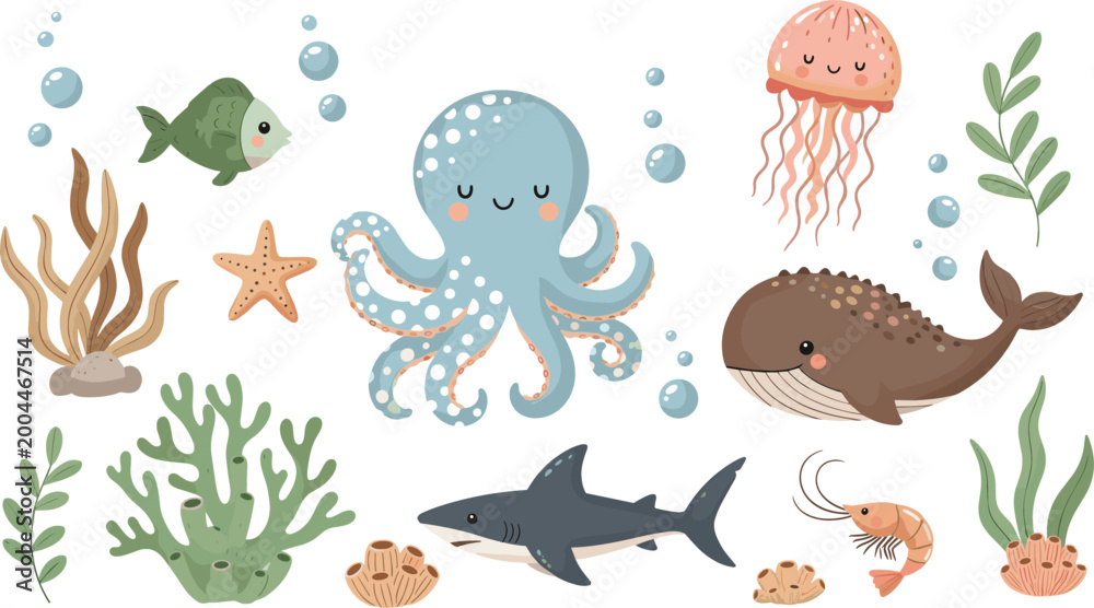 Fototapeta premium Cute sea animals collection with octopus whale shark jellyfish fish and coral, cartoon vector illustration of underwater marine life isolated on light background