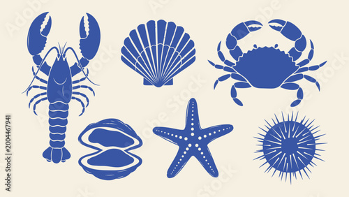 Schilderij op canvas Blue nautical sea life vector icons including lobster, crab, and starfish