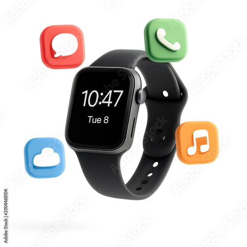 Smartwatch with app icons on transparent background isolated for desig