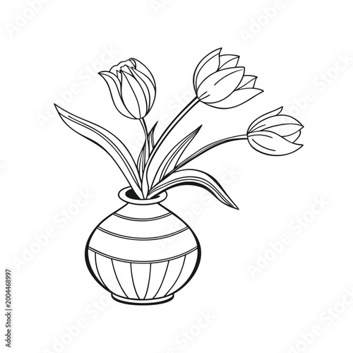 Black line art vector illustration of flowers in a vase on white background. 