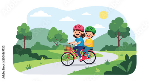 Schilderij op canvas Flat style vector illustration of kids riding a bicycle together in a park, repr
