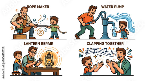 Canvas Print Father-Son Activities: Charming illustrations of a father and son engaging in various traditional activities, symbolizing the beauty of bonding and the passage of knowledge across generations
