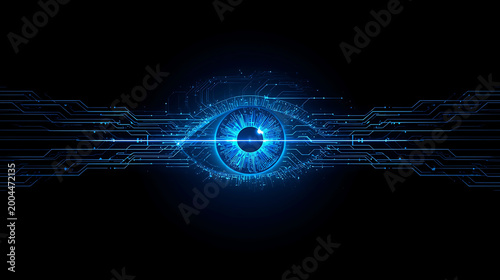 Glowing blue eye with circuit board design on dark background