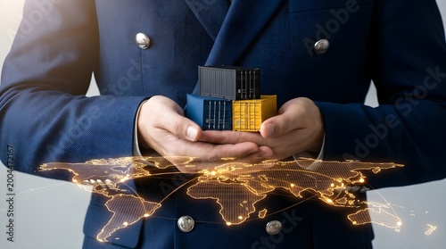 Hands hold small shipping containers over a glowing digital map of the world and global trade routes.