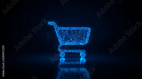 Glowing blue shopping cart icon made of small lights on dark background