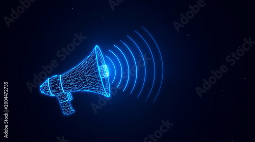 Neon blue wireframe megaphone with sound waves emitting from it