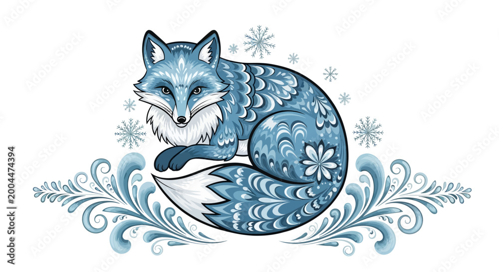© Mr.KSP - Swedish Folk Art Arctic Fox Vector with Symmetrical Snowflake Kurbits