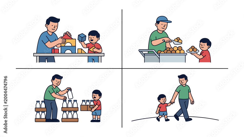 Εκτύπωση καμβά Father and Son Moments: A heartwarming series of illustrations showcasing the tender moments between a father and son, engaging in activities such as building blocks, food preparations