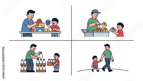 Foto Father and Son Moments: A heartwarming series of illustrations showcasing the tender moments between a father and son, engaging in activities such as building blocks, food preparations