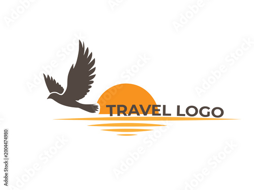 Travel logo with flying bird and sunset modern tourism brand identity vector design