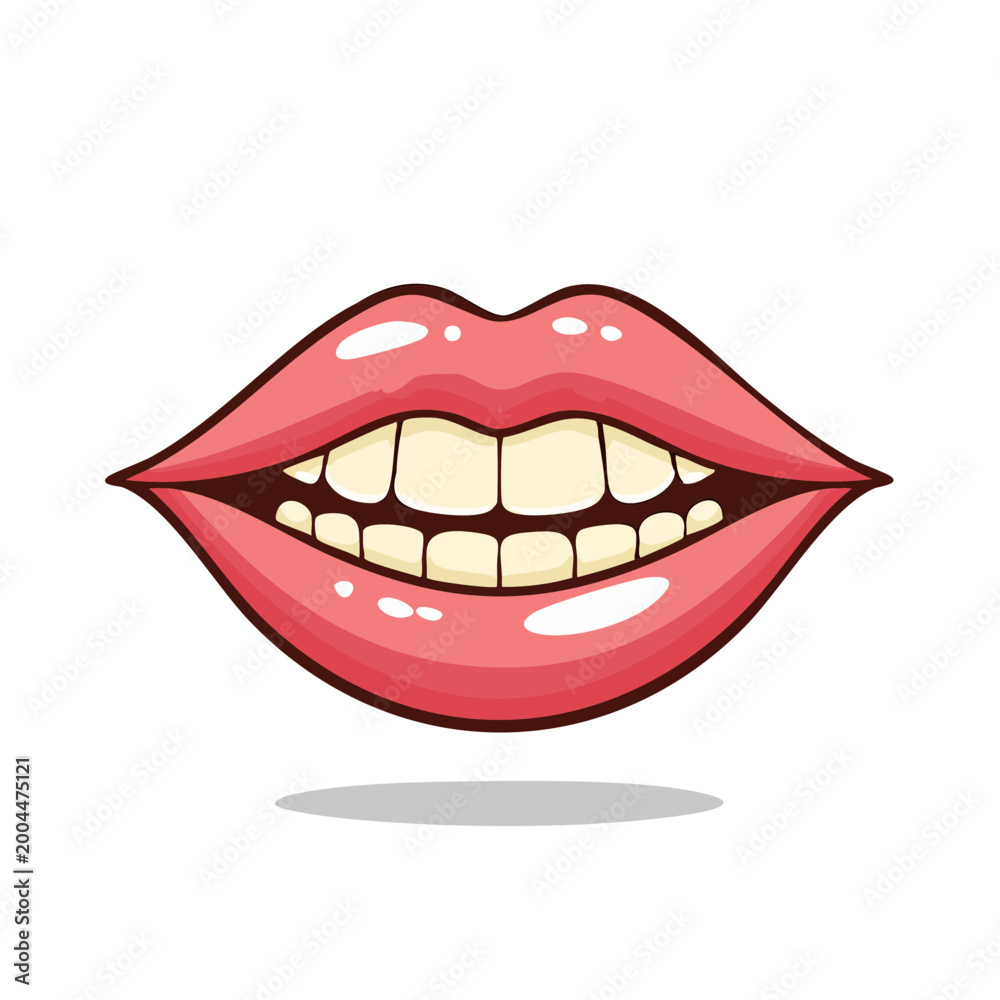 Fototapeta premium Cartoon illustration of a wide smiling mouth with bright white teeth and glossy pink lips