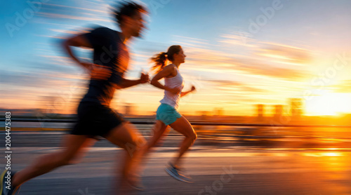Two athletes enjoying a fast run with motion blur during a vibrant sunset