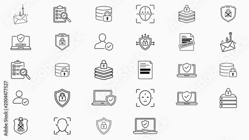 Bild auf Leinwand 28 Cybersecurity and Data Privacy Vector Icon Set: Minimalist Black Line Bundle Featuring Database Security, Encryption, Face ID, Phishing, and Identity Verification with Editable Stroke Outlines
