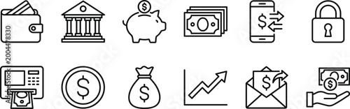 Black and white line icons related to finance and money isolated on transparent background