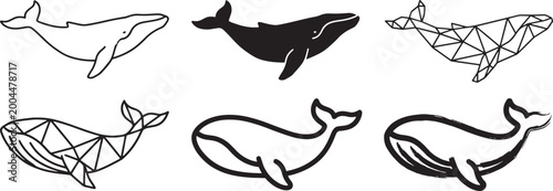 Set of six whale icons featuring various artistic styles including simple outlines, solid black silhouettes, and modern geometric triangle patterns for creative ocean wildlife designs Vector