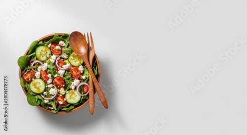 Fresh green garden salad with sliced tomatoes and cucumbers in a wooden bowl with serving spoons for a healthy meal