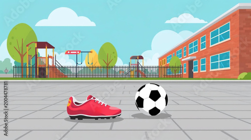 vector illustration red shoe and soccer ball in schoolyard