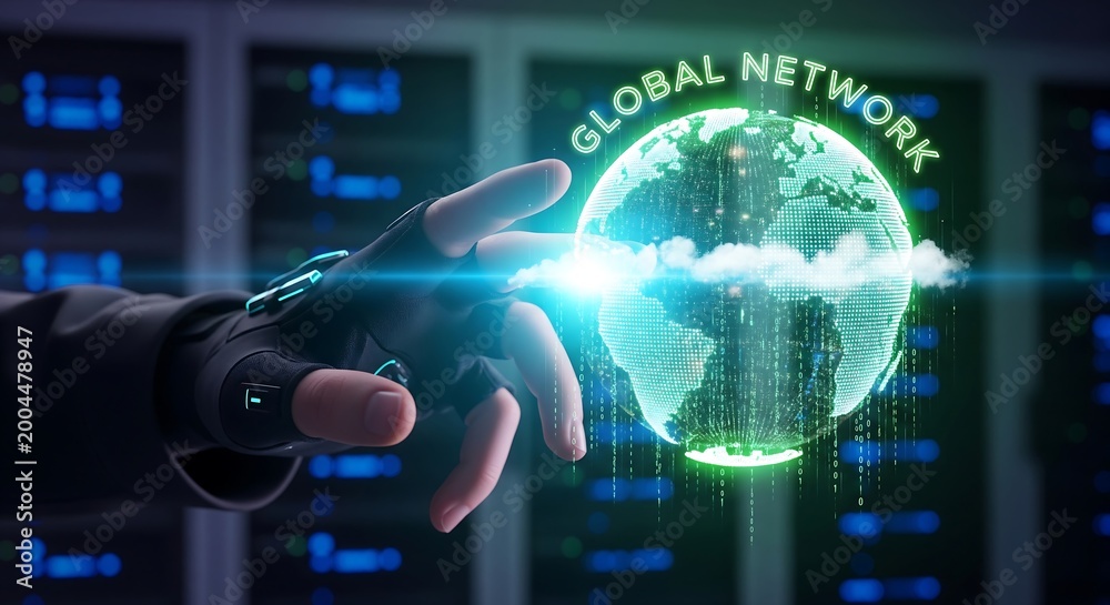 Fototapeta premium Global network connection with glowing earth and digital data flow