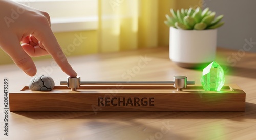 Hand placing small stone on wooden recharge balance scale with green light