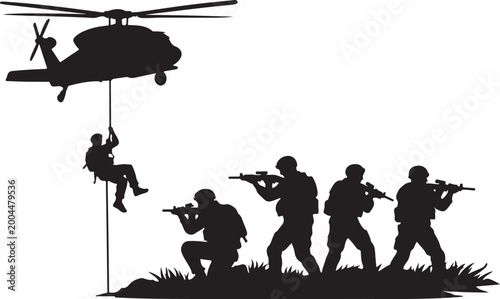 Foto A military personnel rappelling from a helicopter with armed soldiers rendered a