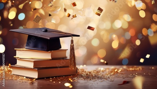 congrats graduates background with books and graduation hat with confetti