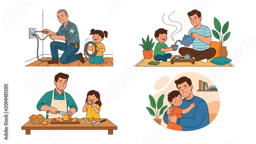 Photos A Father's Affection: An illustration displays a loving father doing various activities with his children such as repairing, making tea, cooking, and embracing his children