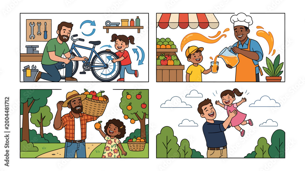 Fototapeta premium Everyday Moments: A series of vibrant illustrations showcase four heartwarming moments: fixing a bike, making juice, gathering fruit, and playing joyfully.