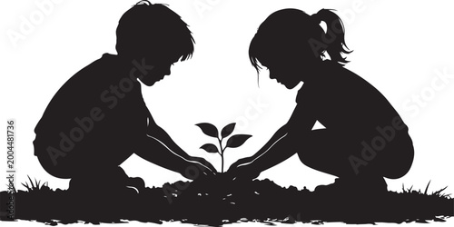 Tableau sur toile Children collaboratively plant silhouette vector