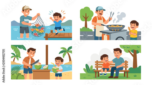 Father and Son Moments: A collection of heartwarming illustrations depicting a father and son engaging in various outdoor activities, capturing the essence of bonding and shared experiences.