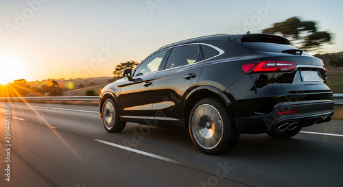 Modern SUV Driving Fast on Open Road at Sunset Rear View