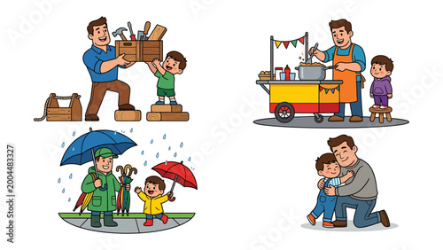 Father and Son Activities Collage: A heartwarming collection of four illustrations depicting a father and son engaged in various activities: building, enjoying street food, walking in the rain.